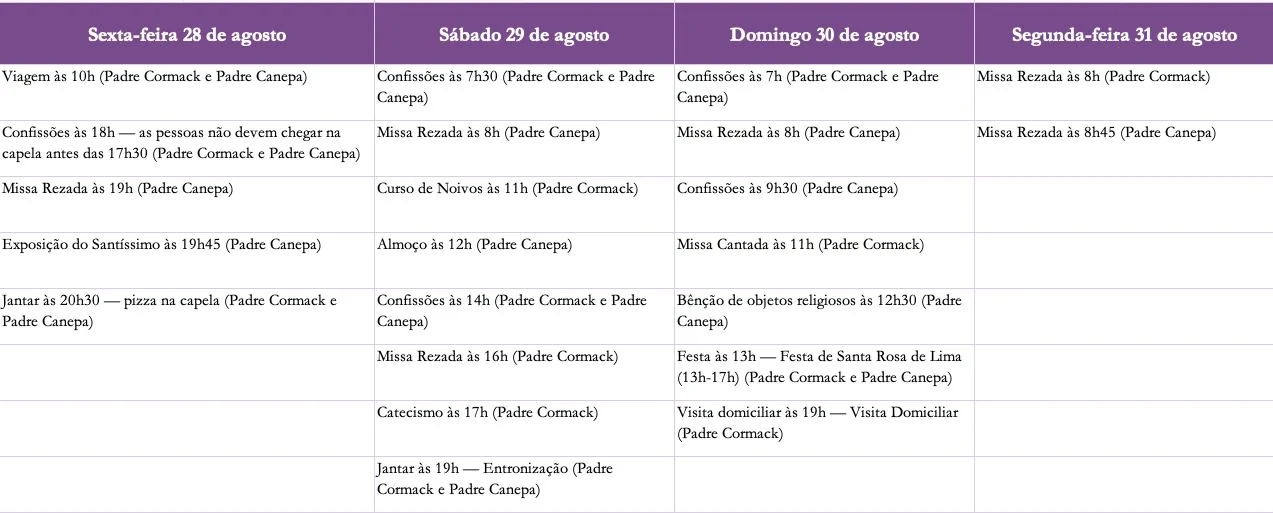 Cronograma original da visita dos Padres em agosto de 2026